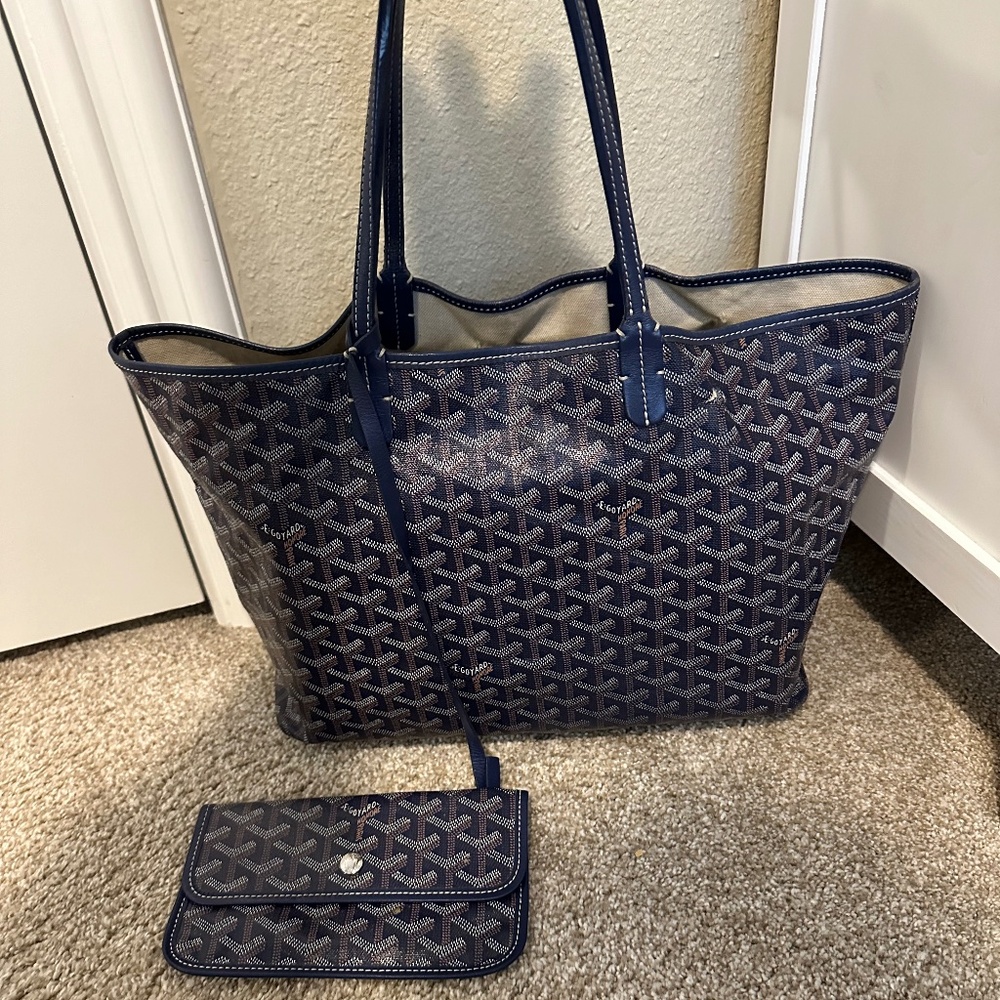 Authentic Goyard Saint Louis PM Tote Bag Navy Goyardine Coated Canvas & Leather